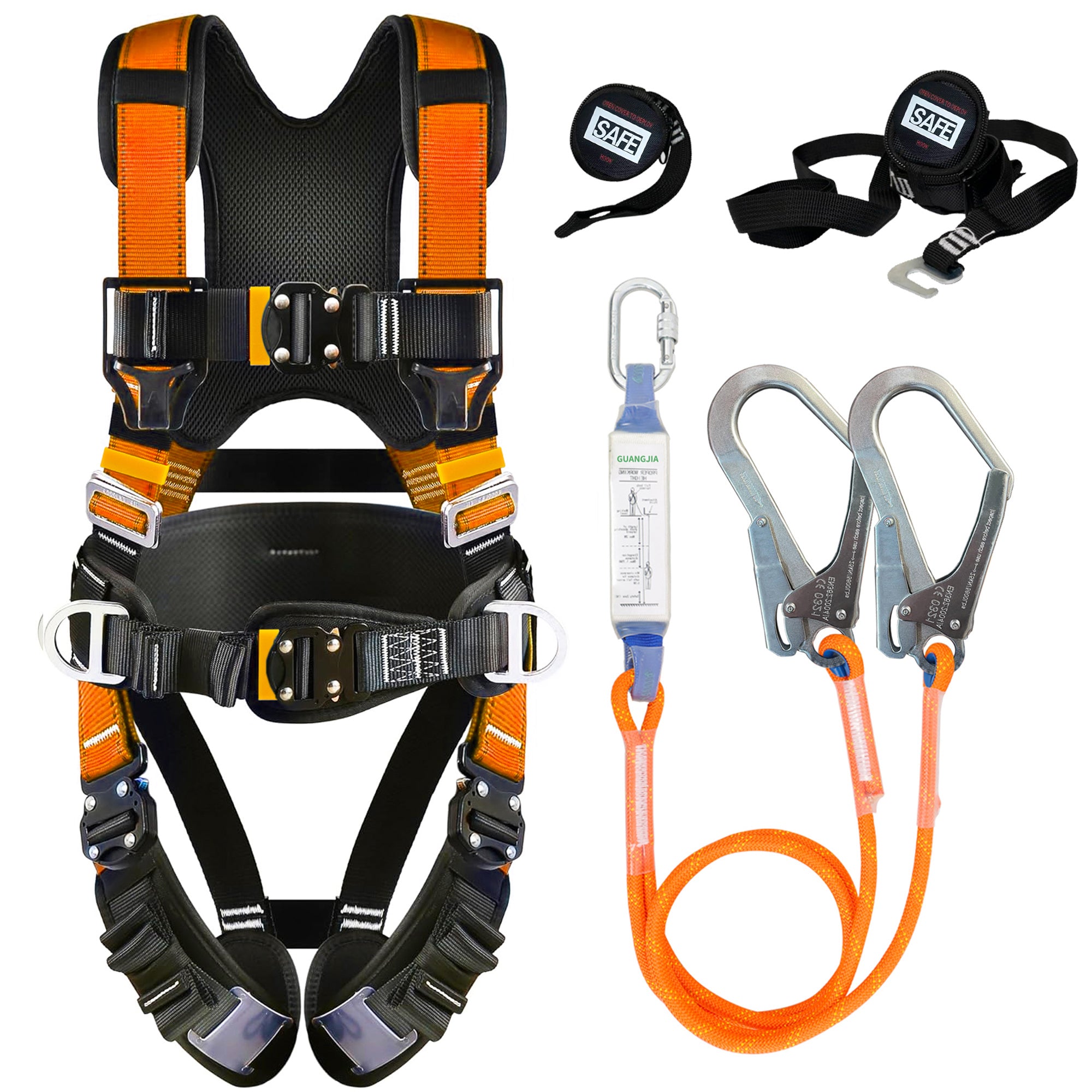 Safety Harness Fall Protection Kit with Shock Absorbing Lanyard, Full Body Working Harness with Safety Straps and Upgraded Quick Buckles (Orange)