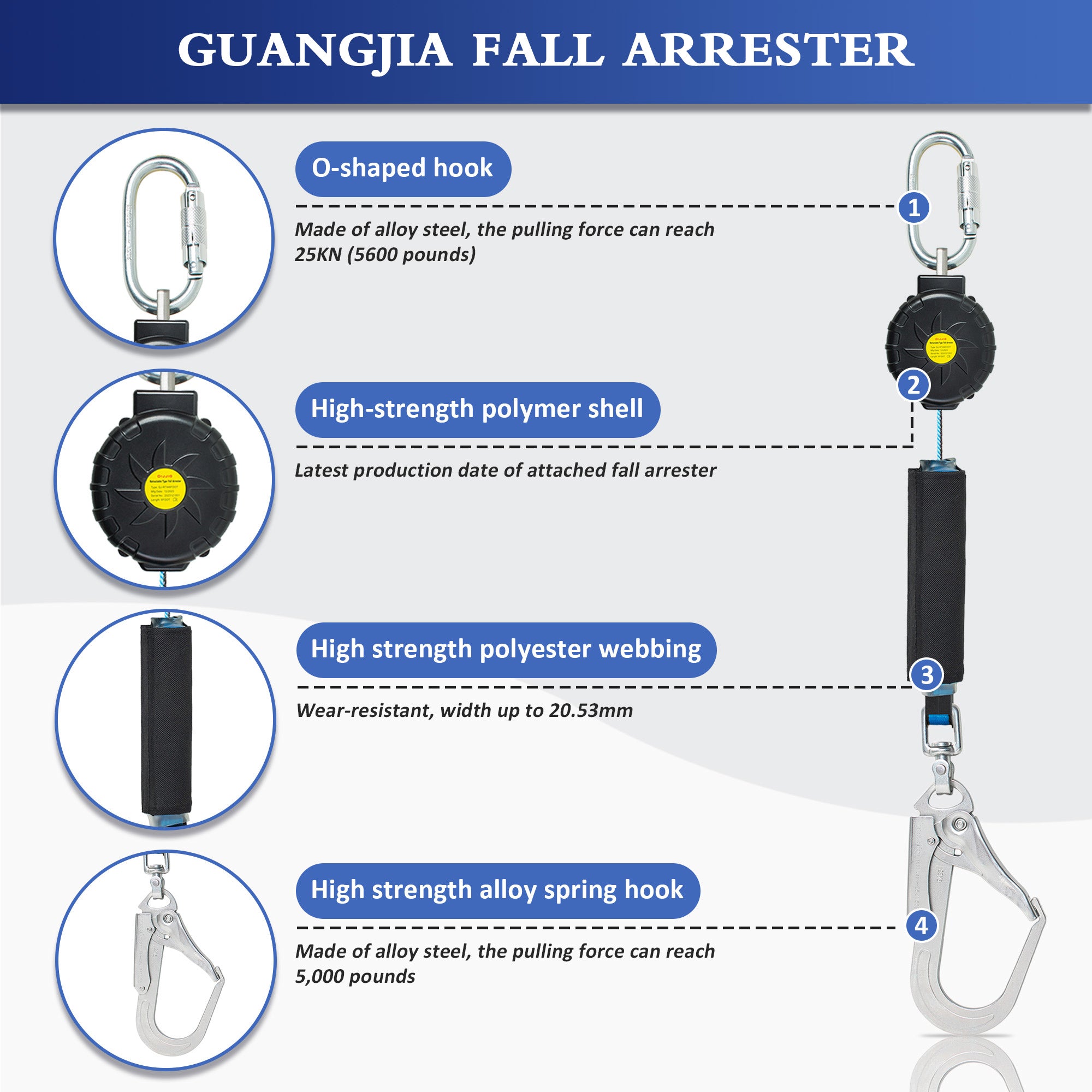 6FT Fall Protection Retractable Lanyard, Self Retracting Lifeline for Construction, Fall Arrest Protection Lanyard, SRL OSHA/ANSI