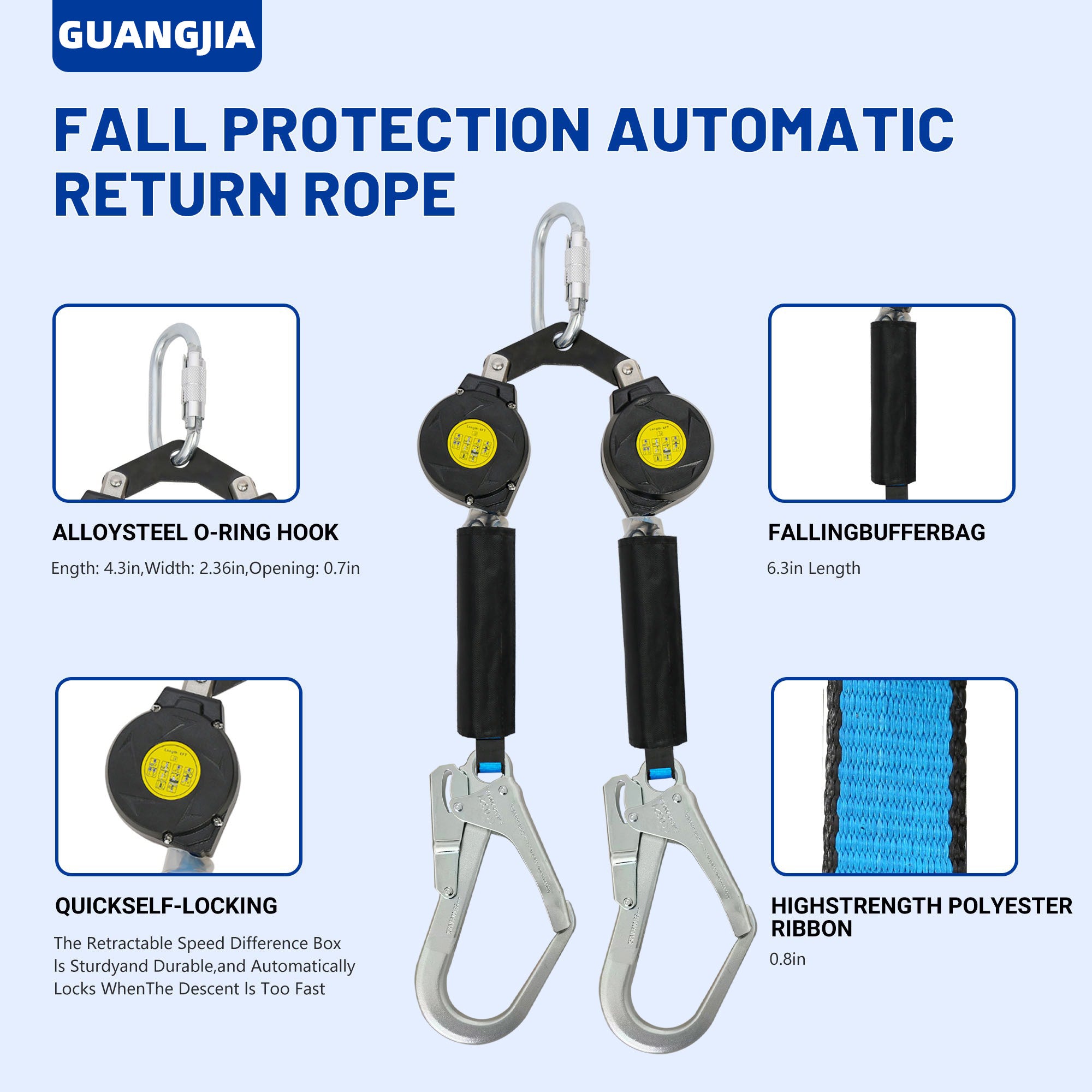 6ft Twin-Leg NO Tangle Self Retracting Lifeline, ANSI Class A SRL, Shock Absorbing Lanyard for Construction Fall Arrest Protection