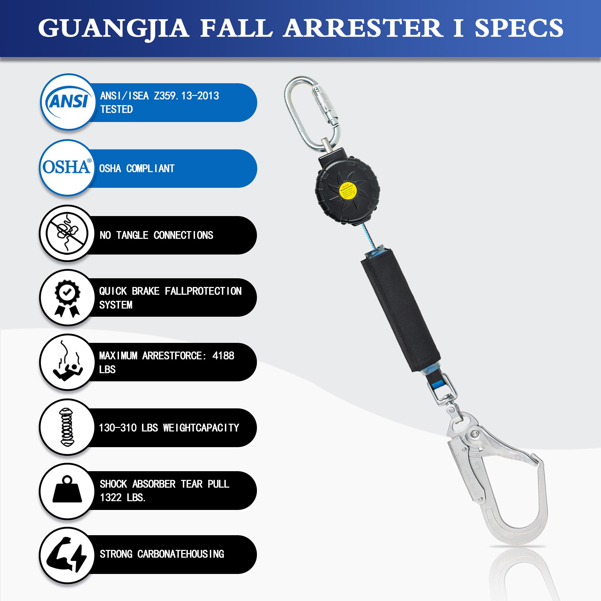 6FT Fall Protection Retractable Lanyard, Self Retracting Lifeline for Construction, Fall Arrest Protection Lanyard, SRL OSHA/ANSI