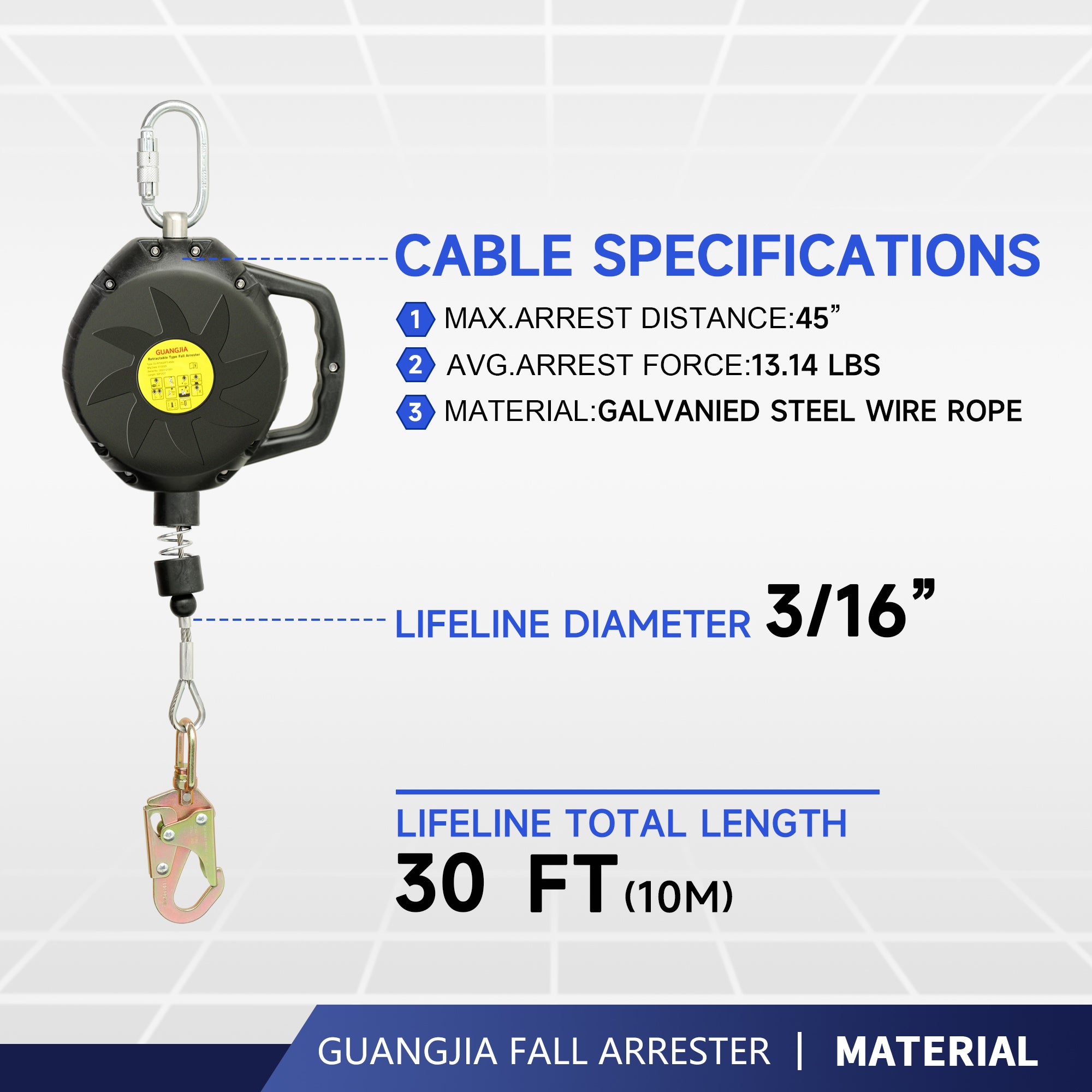 Steel Wire Self Retracting Lifeline, Fall Protection Safety Lanyard, NO Tangle Steel Cable, Class 1 SRL ANSI OSHA Retractable Fall Arrest