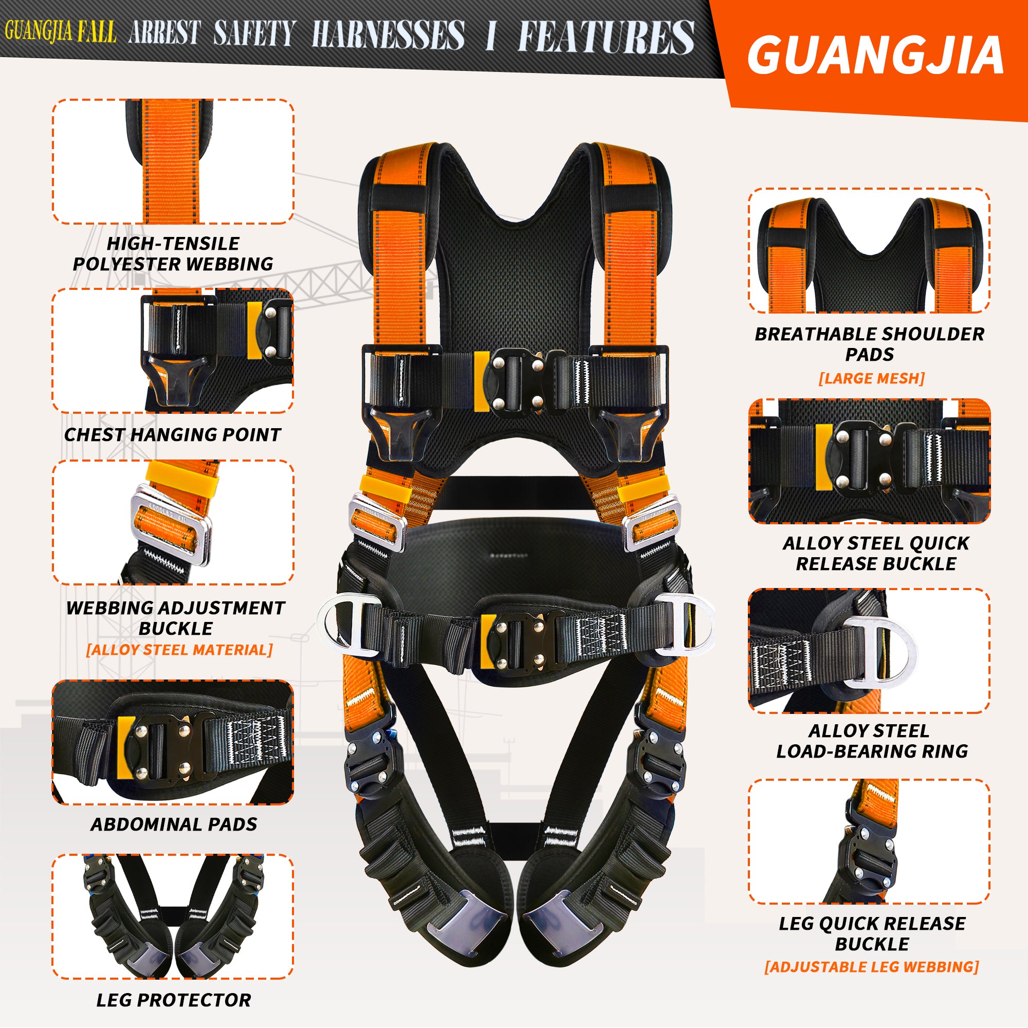 Safety Harness Fall Protection Kit with Shock Absorbing Lanyard, Full Body Working Harness with Safety Straps and Upgraded Quick Buckles (Orange)