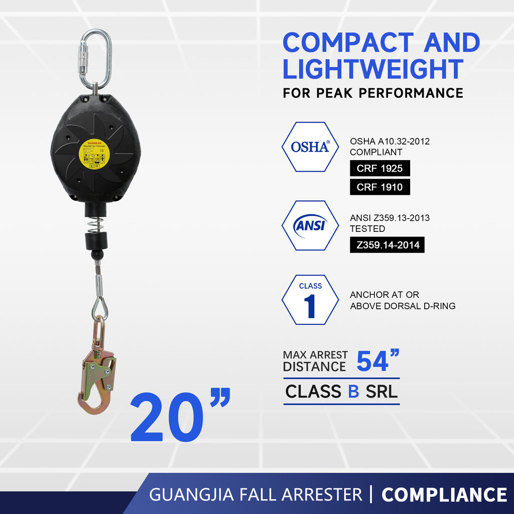 Steel Wire Self Retracting Lifeline, Fall Protection Safety Lanyard, NO Tangle Steel Cable, Class 1 SRL ANSI OSHA Retractable Fall Arrest
