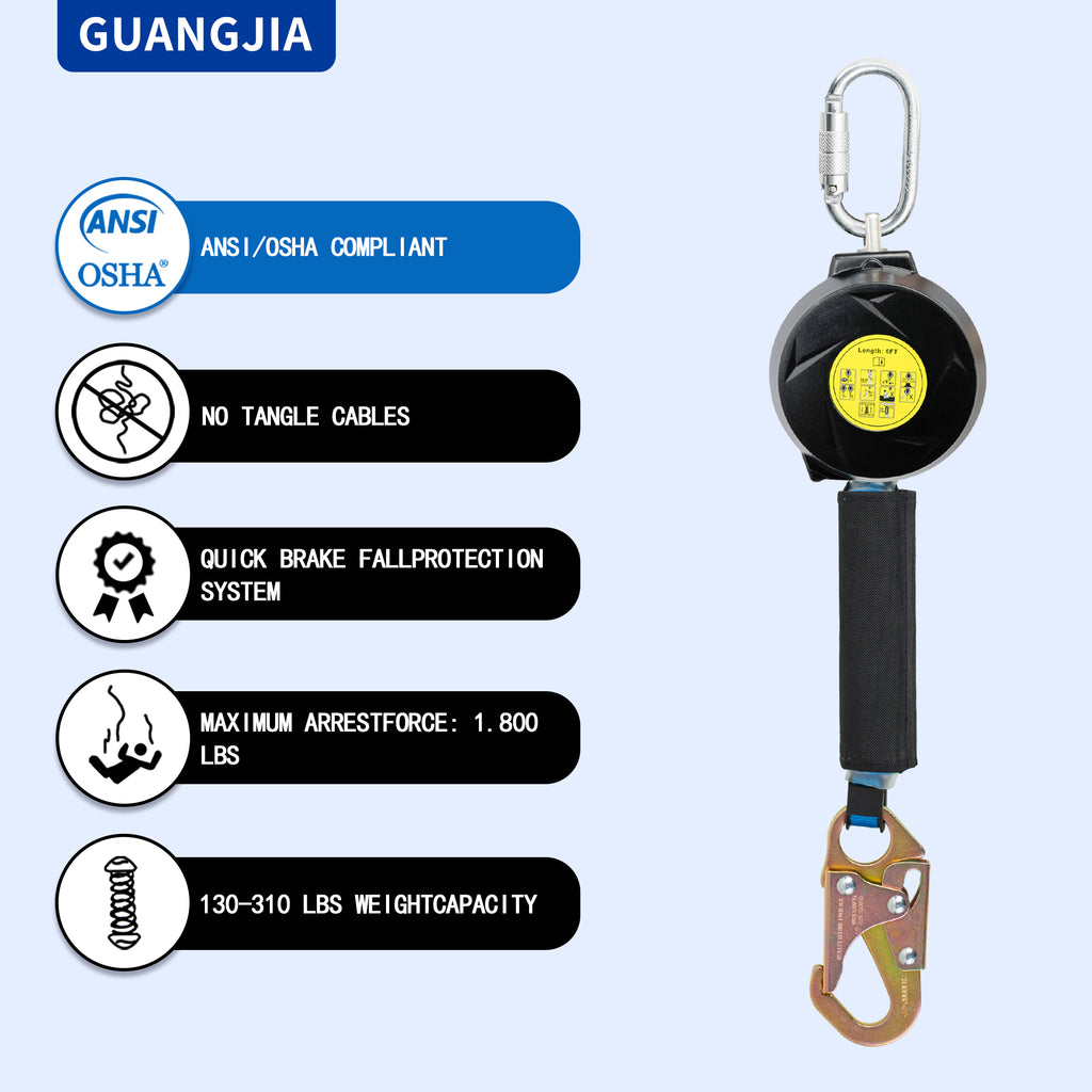 6FT Fall Protection Retractable Lanyard, Self Retracting Lifeline for Construction, Fall Arrest Protection Lanyard, SRL OSHA/ANSI
