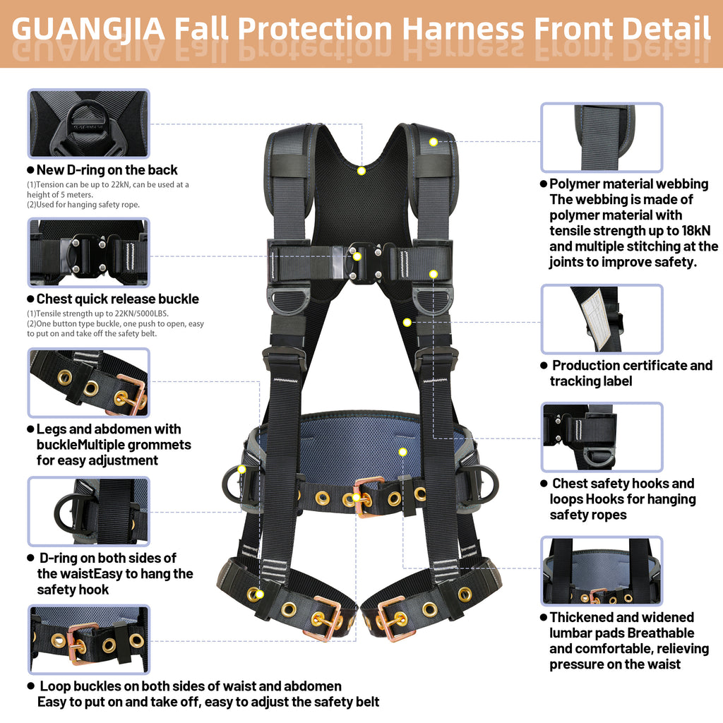 Fall Protection Safety Harnesses Full Body Roofing Construction Harness 5 Point Adjustment Harness Padded Black OSHA/ANSI COMPLIANT