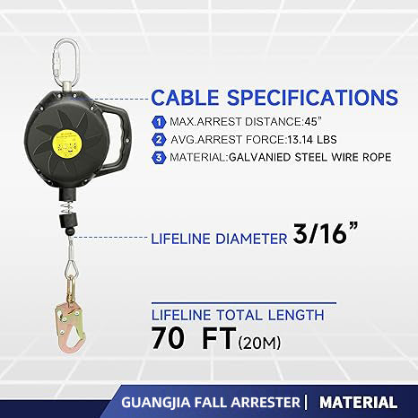 Steel Wire Self Retracting Lifeline, Fall Protection Safety Lanyard, NO Tangle Steel Cable, Class 1 SRL ANSI OSHA Retractable Fall Arrest