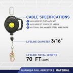 Steel Wire Self Retracting Lifeline, Fall Protection Safety Lanyard, NO Tangle Steel Cable, Class 1 SRL ANSI OSHA Retractable Fall Arrest