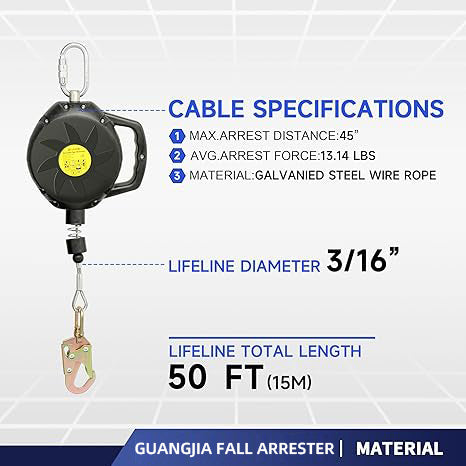 Steel Wire Self Retracting Lifeline, Fall Protection Safety Lanyard, NO Tangle Steel Cable, Class 1 SRL ANSI OSHA Retractable Fall Arrest