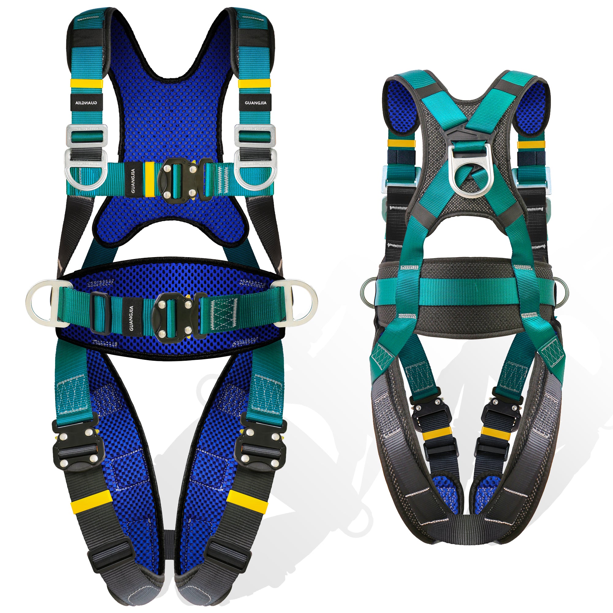 Fall Protection Safety Full Body Harness 5pt Adjustment Safe Comfortable Construction Positioning Harness Extra Long Thick Leg Back Padded Push-Button Quick-Lock Buckles OSHA and ANSI compliant